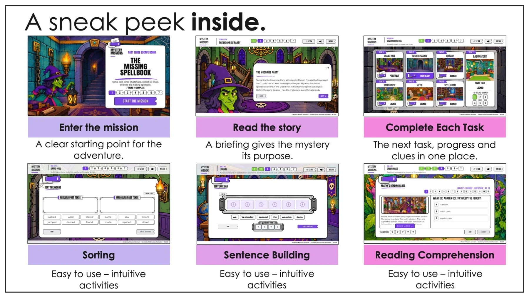 Halloween entry, story, mission hub, sorting, sentence building and reading comprehension activities