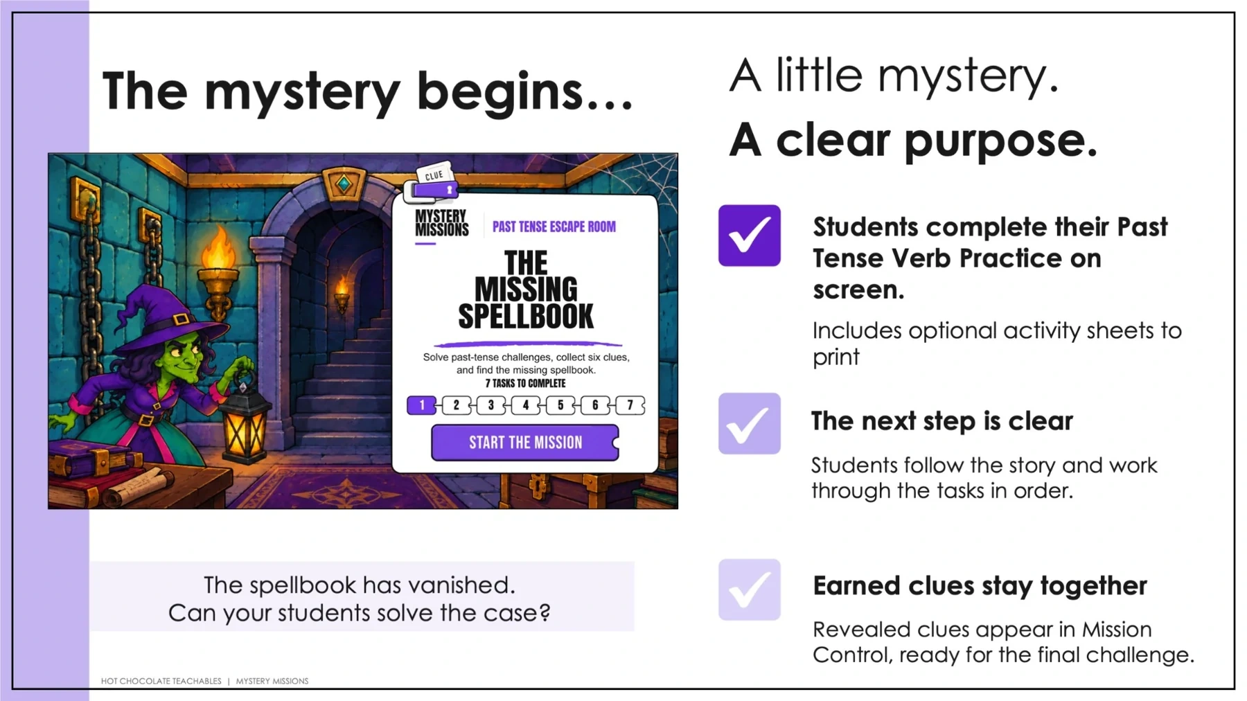 The Missing Spellbook story introduction and past tense learning purpose
