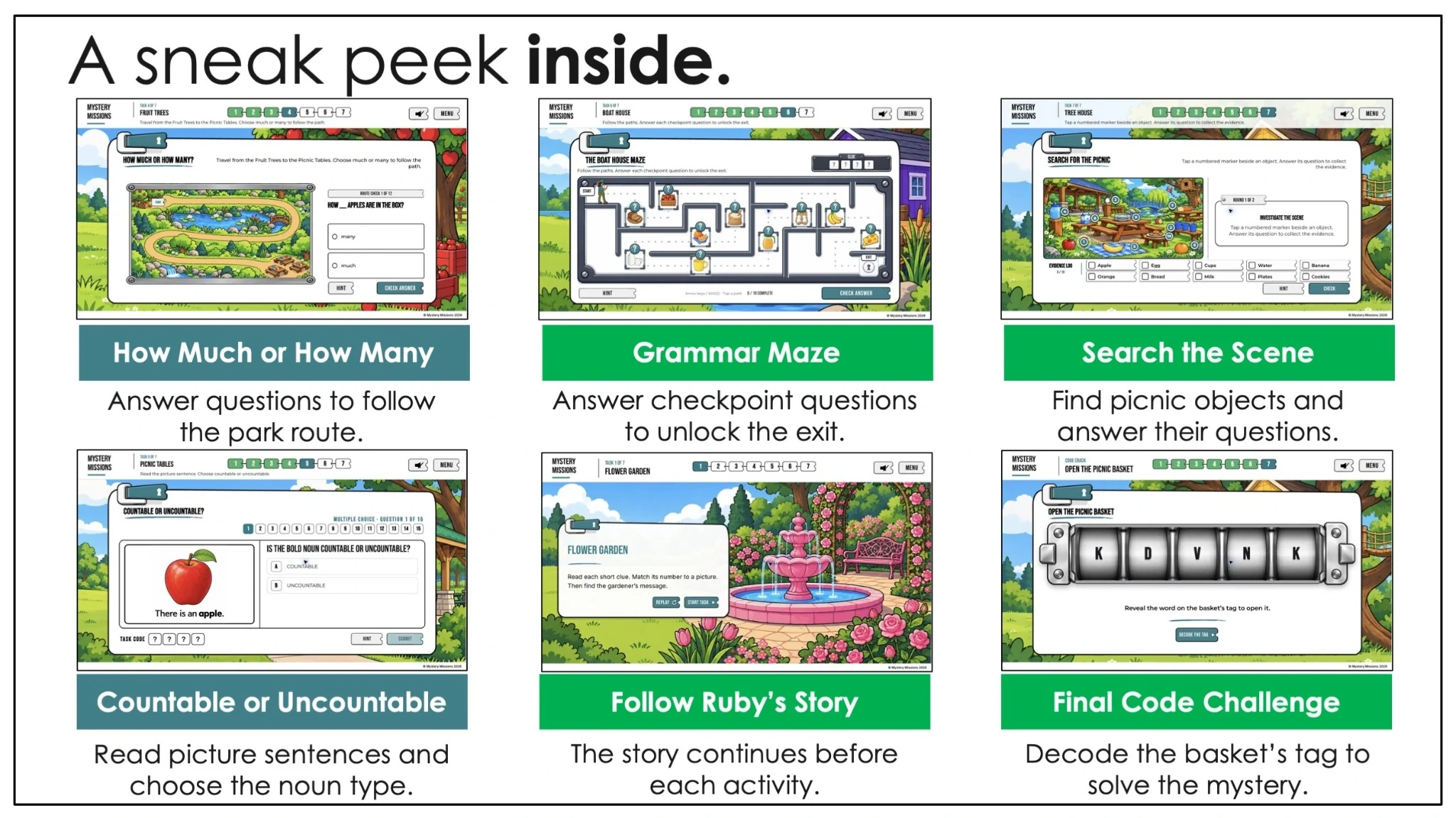 Question route, grammar maze, scene search, and final cipher previews