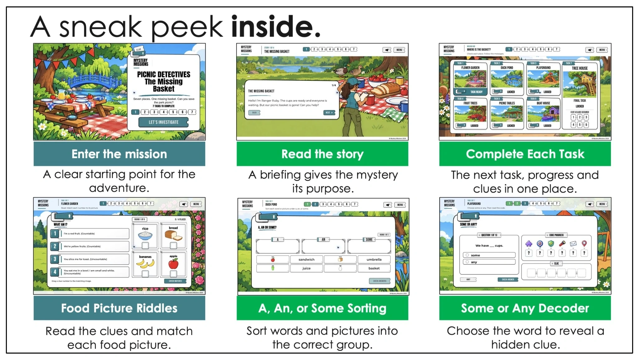 Mission entry, story, food riddles, sorting, and decoder previews